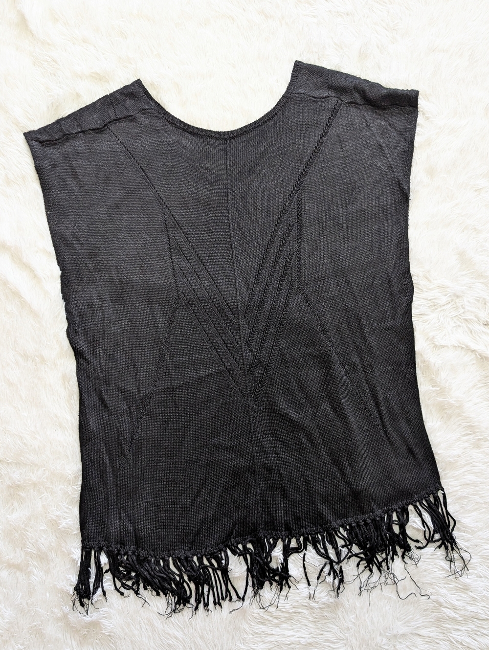 Saks Fifth Black Knit Tassel Poncho Oversized Fall Layering Sweater M/L - Picture 6 of 11